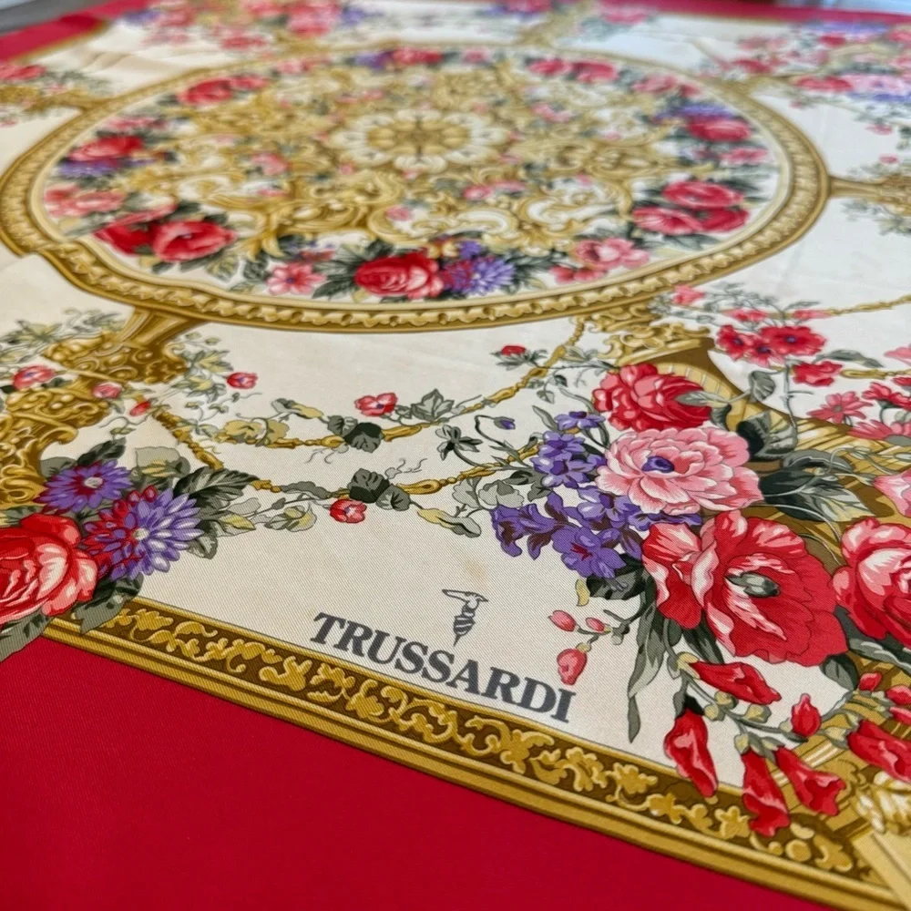 Trussardi Red and Gold Ornate Floral Scarf
